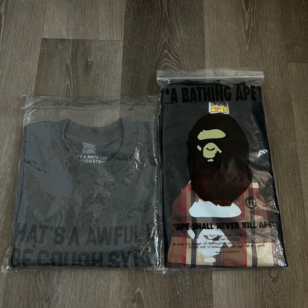 Bathing Ape Burberry “Big Ape Head” (Medium)& Awful Lot of Cough Syrup(Large)Tee